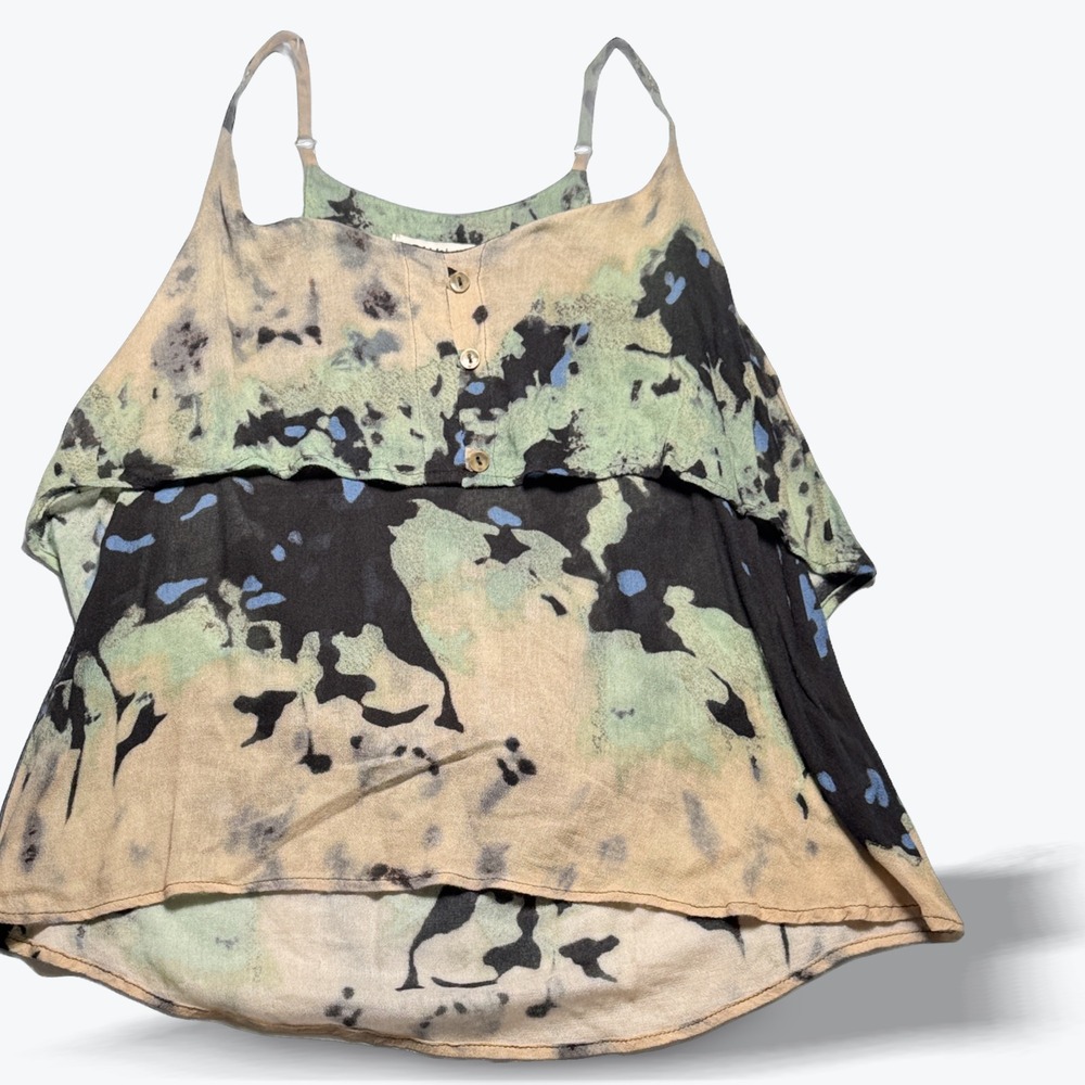 Sam & Lavi Los Angeles Camisole Top Tiered Ruffle Sage Green Blue Tie Dye XS
